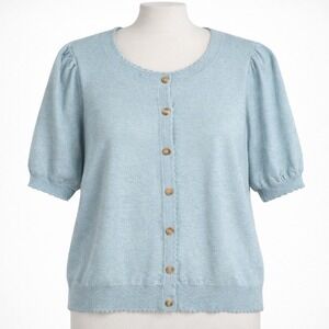 Womens Light Blue Puff Sleeve Button Cardigan Sweater Scalloped Preppy Coquette